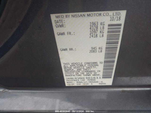 1N4BL4CV6KN301611 Nissan Altima 2.5 Sr