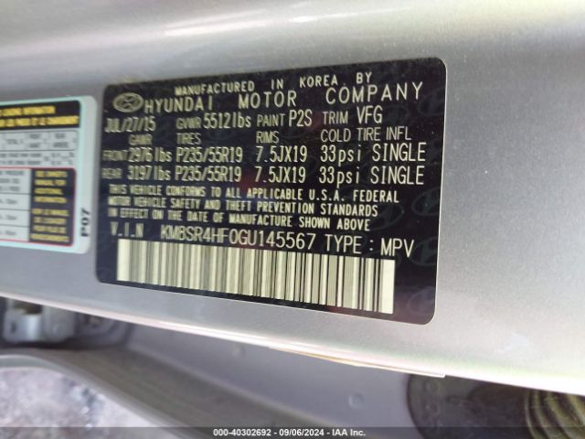 KM8SR4HF0GU145567 Hyundai Santa Fe Limited