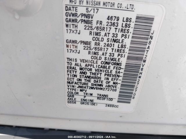 JN8AT2MV6HW272708 Nissan ROGUE SV