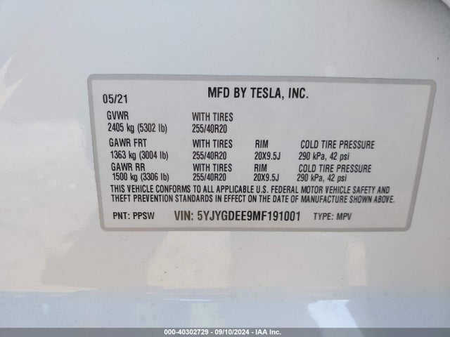 2021 TESLA MODEL Y 5YJYGDEE9MF191001 Photo 8