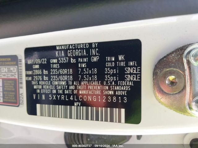 5XYRL4LC0NG123813 KIA SORENTO S