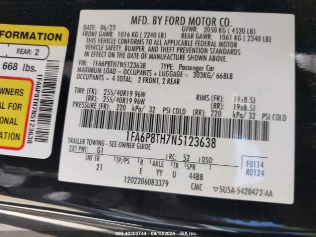 1FA6P8TH7N5123638 Ford Mustang Ecoboost Fastback
