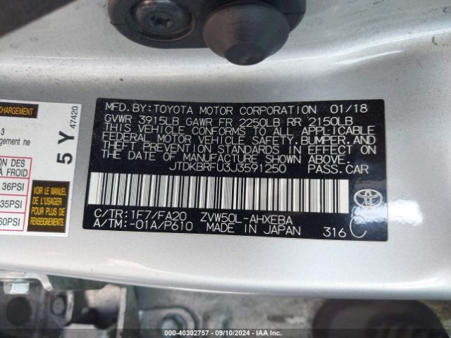 JTDKBRFU3J3591250 Toyota Prius Two
