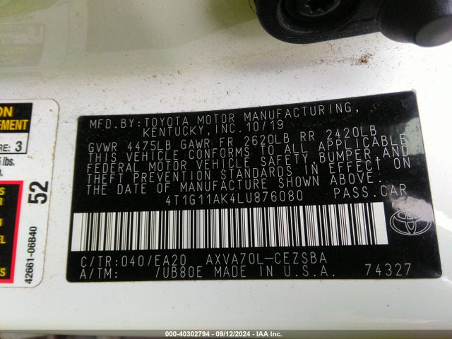 Toyota CAMRY SE 2020 4T1G11AK4LU876080 Image 9