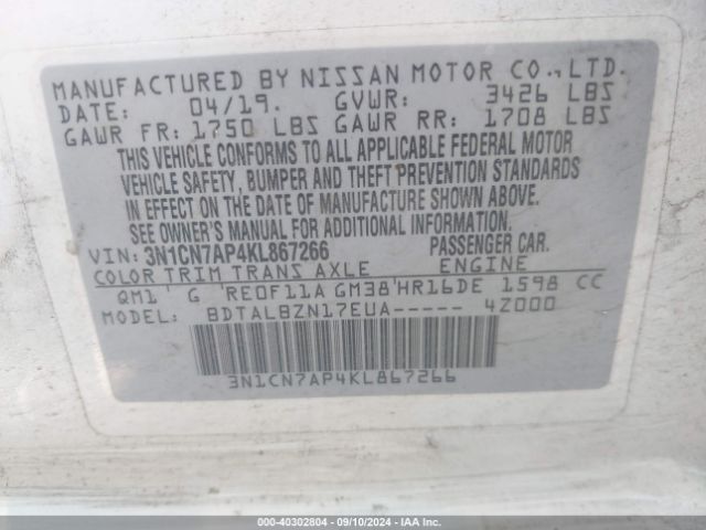 2019 NISSAN VERSA 3N1CN7AP4KL867266 Photo 8
