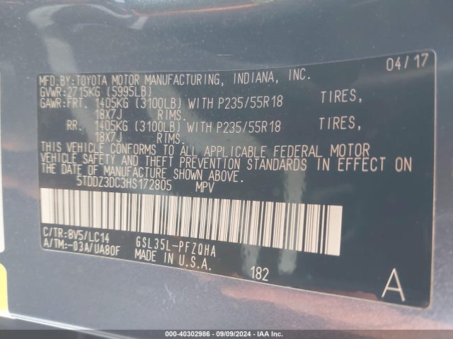 Toyota Sienna Xle 7 Passenger 2017 5TDDZ3DC3HS172805 Image 9