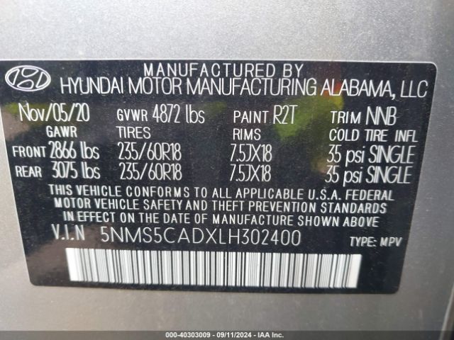 5NMS5CADXLH302400 Hyundai Santa Fe Limited