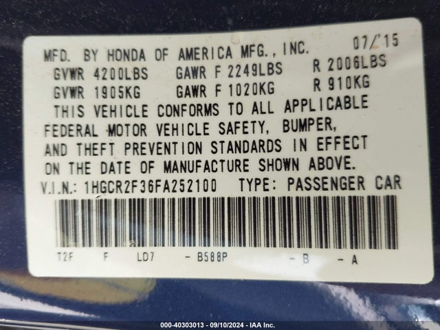 Honda ACCORD LX 2015 1HGCR2F36FA252100 Image 9