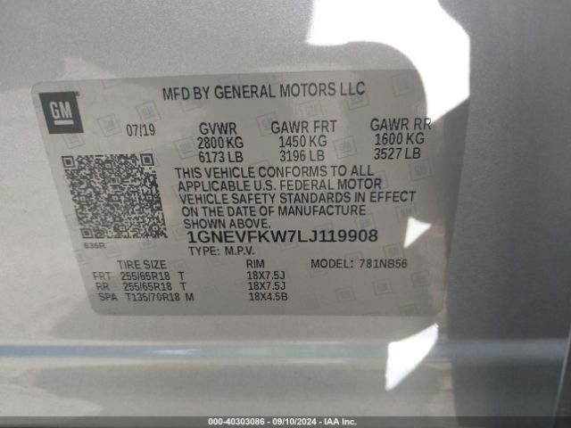 1GNEVFKW7LJ119908 Chevrolet Traverse Awd Ls