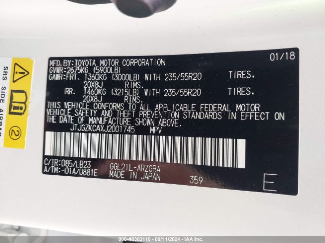 JTJGZKCAXJ2001745 Lexus Rx 350l Premium