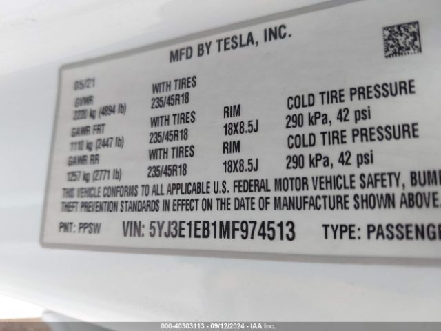 5YJ3E1EB1MF974513 Tesla Model 3 Long Range Dual Motor All-wheel Drive