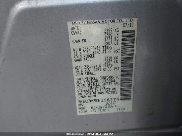 5N1AZ2MS9KN158274 Nissan MURANO SV