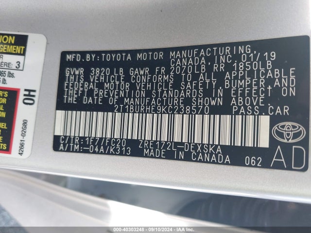 Toyota COROLLA SE 2019 2T1BURHE9KC238570 Image 9