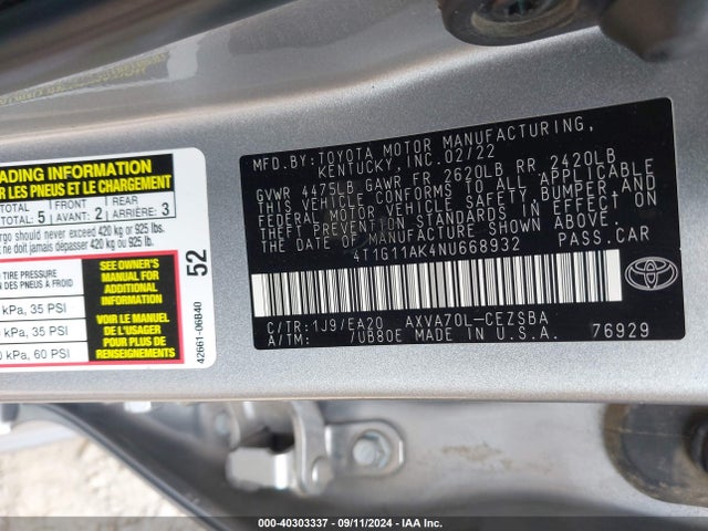 Toyota CAMRY SE 2022 4T1G11AK4NU668932 Image 9