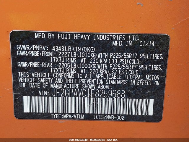 Subaru Xv Crosstrek 2.0i Premium 2014 JF2GPAVC1E8259688 Image 9
