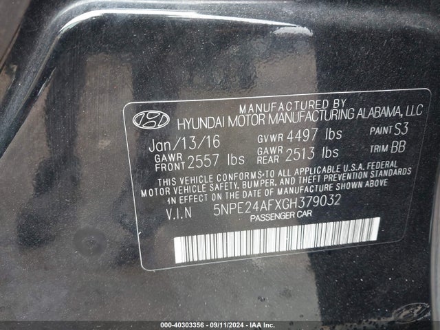 Hyundai SONATA SE 2016 5NPE24AFXGH379032 Image 9