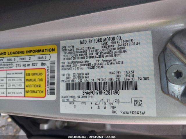 3FA6P0H78HR281490 Ford FUSION SE