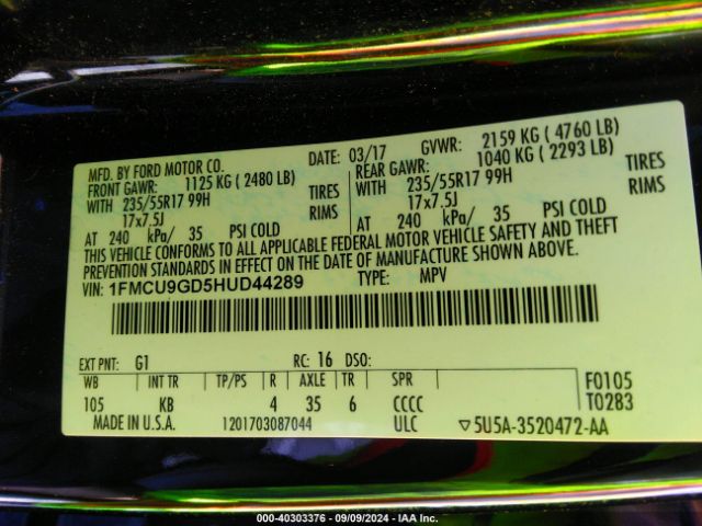 1FMCU9GD5HUD44289 Ford ESCAPE SE