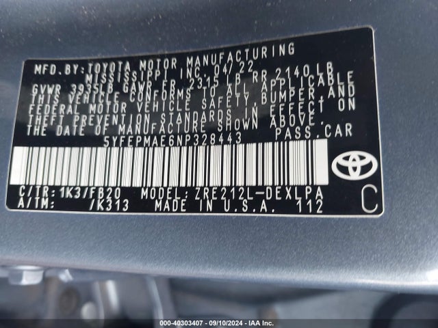 Toyota COROLLA LE 2022 5YFEPMAE6NP328443 Image 9