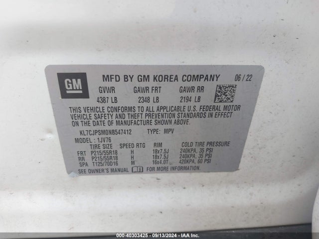 Chevrolet Trax Awd Lt 2022 KL7CJPSM0NB547412 Image 9
