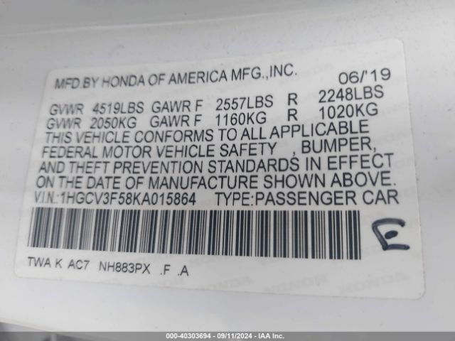 1HGCV3F58KA015864 Honda Accord Hybrid Ex-l