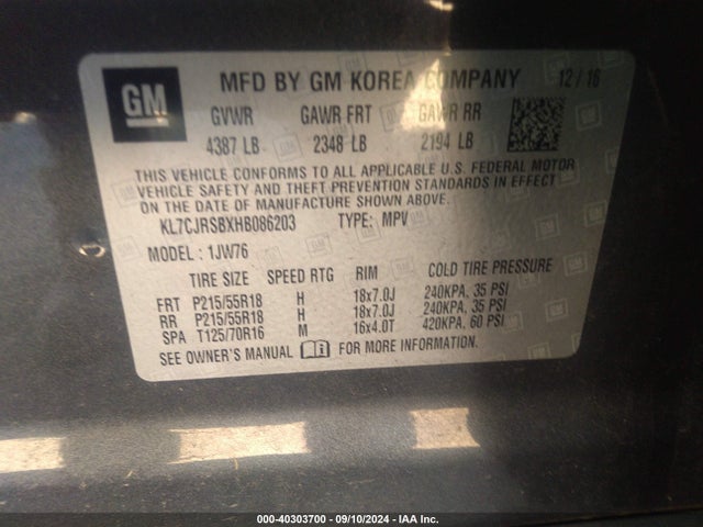 KL7CJRSBXHB086203 Chevrolet Trax Premier