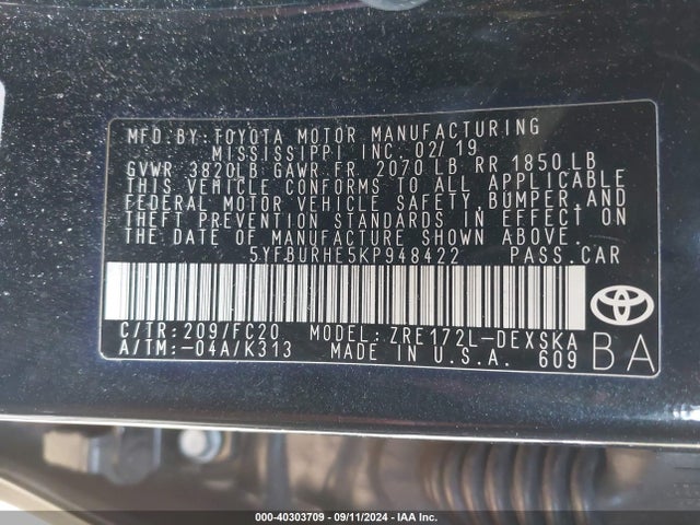 Toyota COROLLA SE 2019 5YFBURHE5KP948422 Image 9