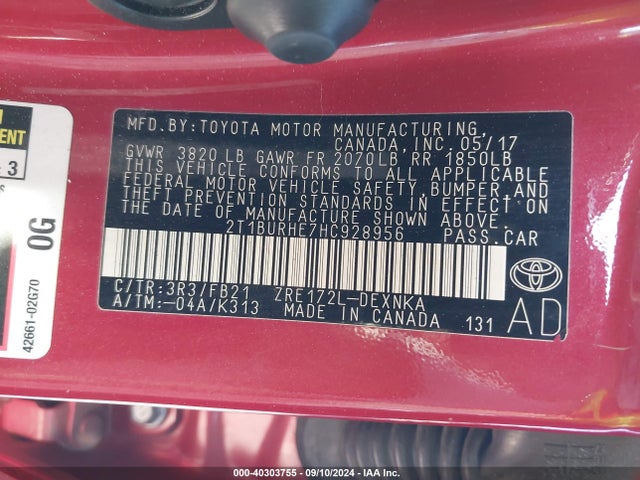 Toyota COROLLA LE 2017 2T1BURHE7HC928956 Image 9