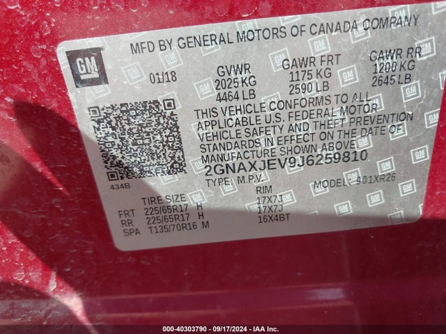 Chevrolet EQUINOX LT 2018 2GNAXJEV9J6259810 Image 9