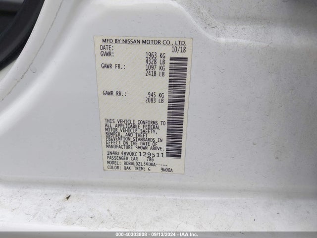 Nissan Altima 2.5 S 2019 1N4BL4BV0KC129511 Image 9