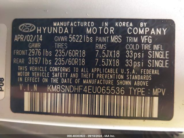 KM8SNDHF4EU065536 Hyundai Santa Fe Gls