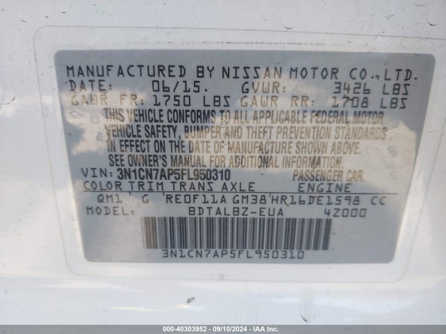 Nissan Versa 1.6 Sv 2015 3N1CN7AP5FL950310 Image 9