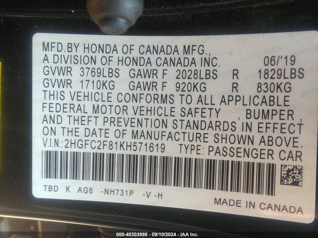 Honda Civic Sport 2019 2HGFC2F81KH571619 Image 9
