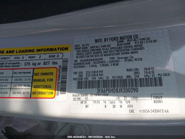 Ford FUSION SE 2018 3FA6P0HD8JR200290 Image 9