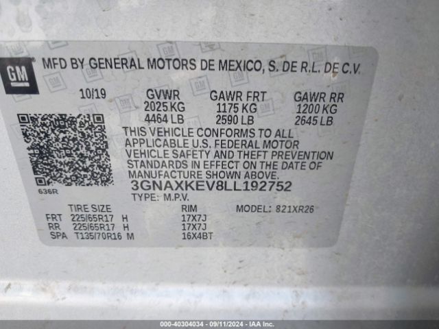 3GNAXKEV8LL192752 Chevrolet Equinox Fwd Lt 1.5l Turbo