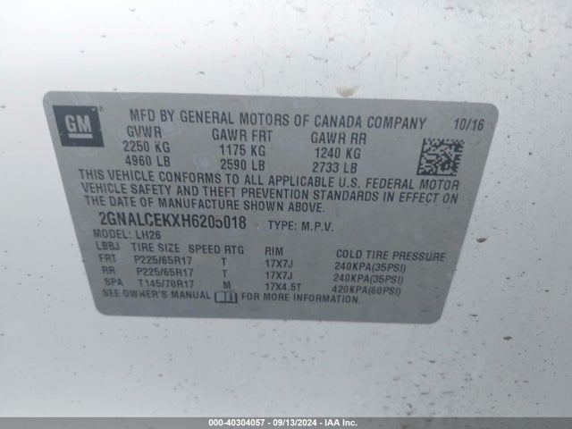 Chevrolet EQUINOX LT 2017 2GNALCEKXH6205018 Image 9