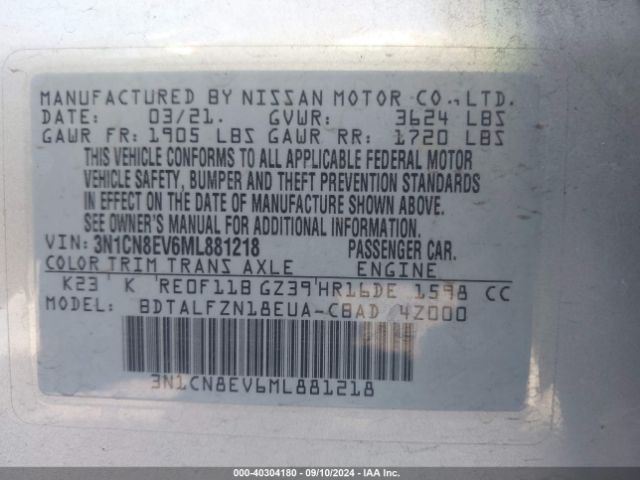 3N1CN8EV6ML881218 Nissan Versa Sv Xtronic Cvt