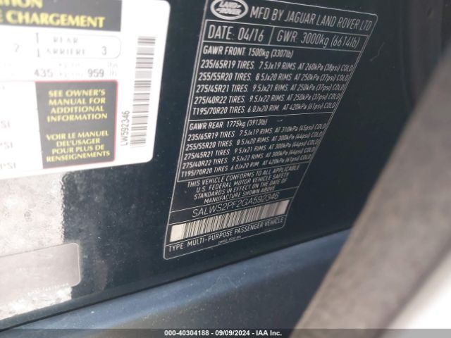 SALWS2PF2GA592346 Land Rover Range Rover Sport 3.0l V6 Supercharged Hse