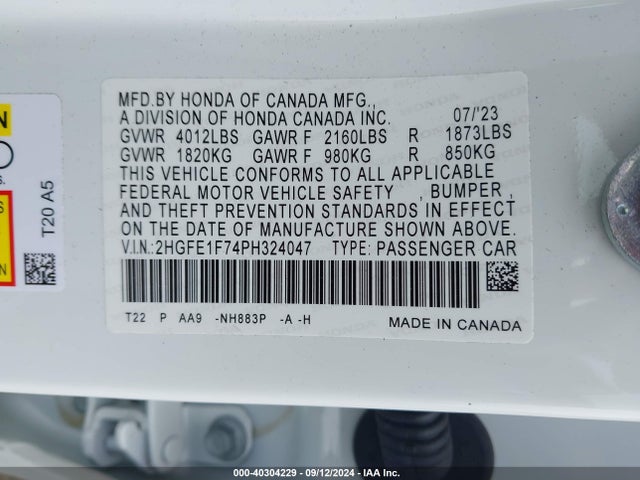 Honda Civic Ex /ex W/o Bsi 2023 2HGFE1F74PH324047 Image 9