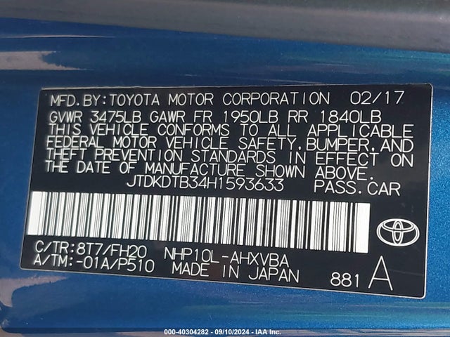 JTDKDTB34H1593633 Toyota Prius C One
