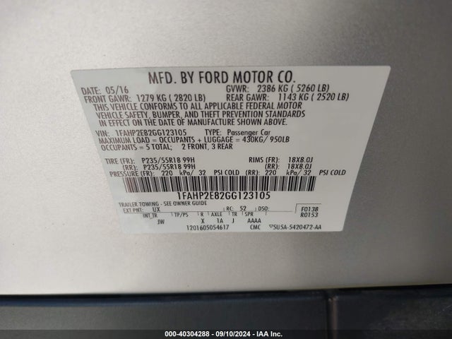 Ford TAURUS SEL 2016 1FAHP2E82GG123105 Image 9