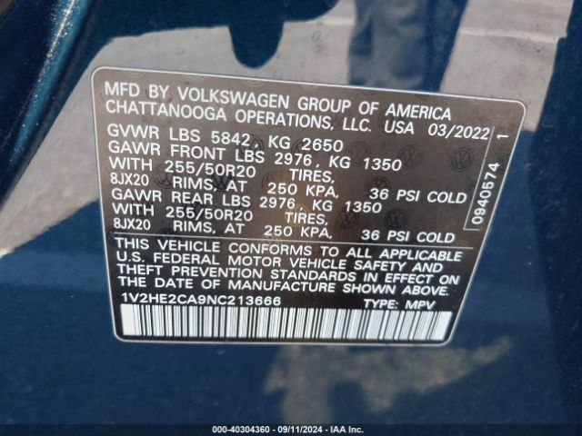 1V2HE2CA9NC213666 Volkswagen Atlas Cross Sport 3.6l V6 Se W/technology