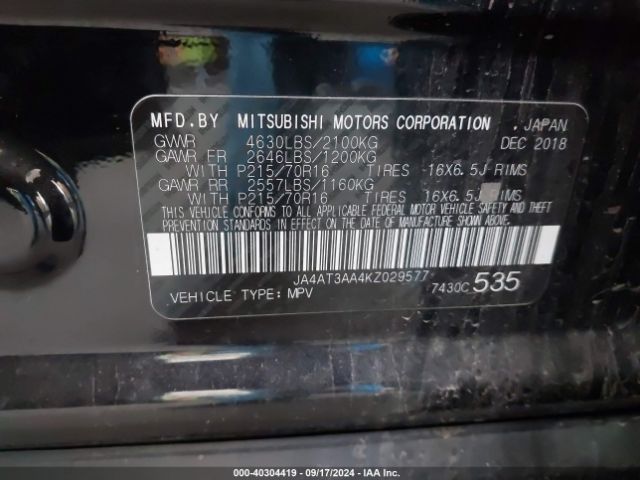 JA4AT3AA4KZ029577 Mitsubishi Eclipse Cross Es