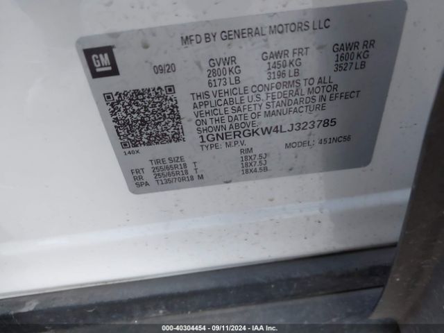 1GNERGKW4LJ323785 Chevrolet Traverse Fwd Lt Cloth
