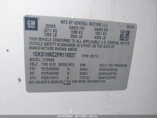 1GKS1HKC2FR116627 GMC Yukon Xl 1500 Slt