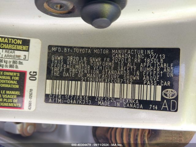2T1BURHEXEC087162 Toyota Corolla Le Plus