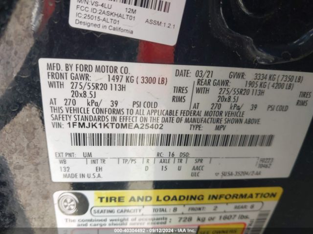 1FMJK1KT0MEA25402 Ford Expedition Limited Max