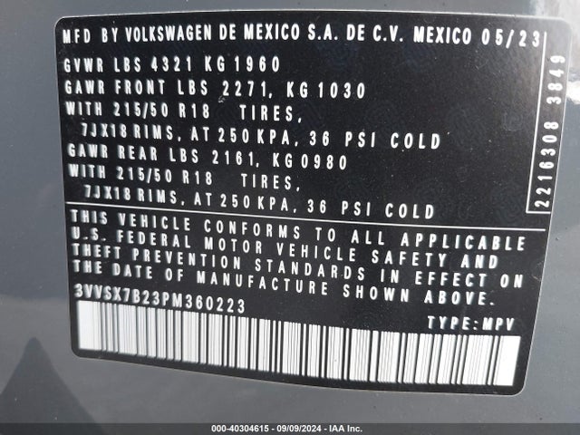 3VVSX7B23PM360223 Volkswagen Taos 1.5t Se
