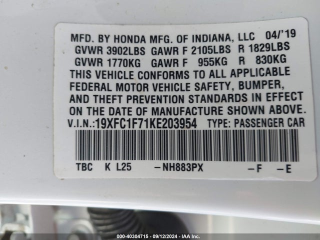 Honda Civic Ex-l 2019 19XFC1F71KE203954 Image 9