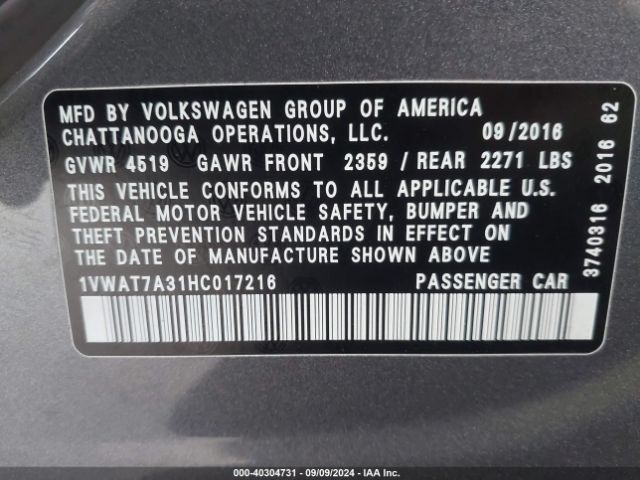 1VWAT7A31HC017216 Volkswagen Passat 1.8t S